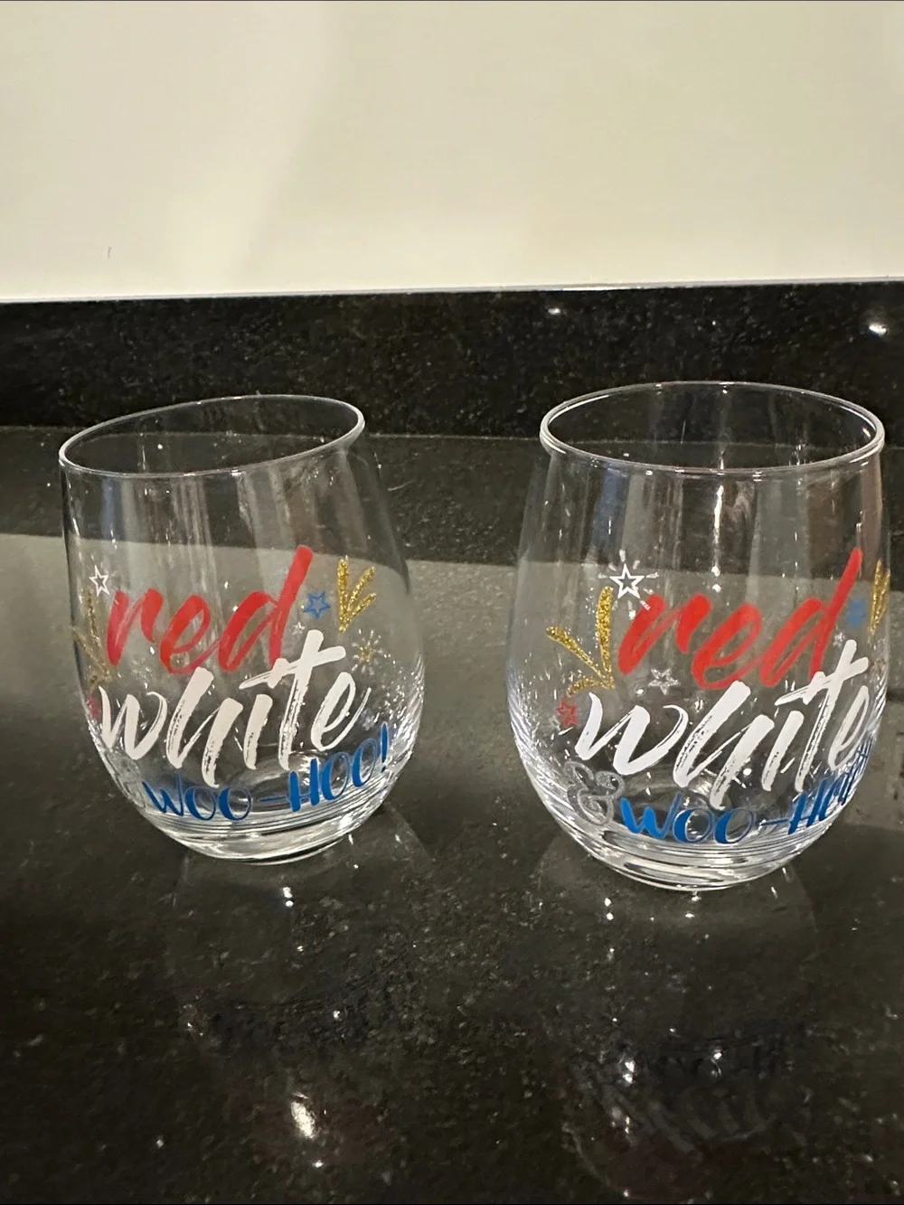 Pier 1 Red, White & Blue Woven Fruit Basket and   Stemless Wine Glasses.